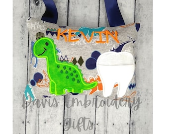 Dinosaur Tooth Fairy Pillow, Personalized Tooth Pillow, T Rex Tooth Fairy Pillow, Boys Tooth Fairy Pillow with pocket, Boy Tooth Pillow