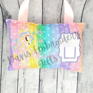 Unicorn Tooth Fairy Pillow, personalized Rainbow applique embroidery Pillow, Unicorn pillow with pocket for girls