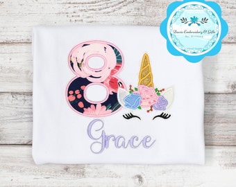 Unicorn Birthday Shirt, Unicorn Shirt for Girls, Flower Unicorn Shirt, Floral Unicorn Birthday Shirt, 8th Birthday Shirt for Girls, Unicorn