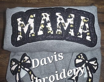 Custom Embroidered MAMA Sweatshirt, Cut-Out Coquette Bow Pullover, Glitter Appliqué Side Bow Sweatshirt, Custom Personalized Gift for Moms