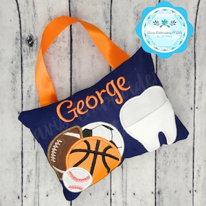 Tooth Fairy Pillow, Boy Sports Personalized Tooth Pillow, Baseball Football Basketball Soccer, Sports Birthday Boy Gift, Tooth Fairy Gifts
