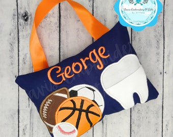 Tooth Fairy Pillow, Boy Sports Personalized Tooth Pillow, Baseball Football Basketball Soccer, Sports Birthday Boy Gift, Tooth Fairy Gifts
