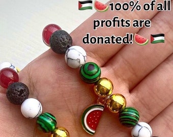 Handmade FREE PALESTINE Stretchy Beaded Watermelon Charm Jewlery, 100% Of Profits Are Donated, Watermelon Charms, 8mm, Charmed Jewlery