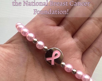 Handmade BREAST CANCER AWARENESS Pink Pearl Charm Bracelets, Stretchy, 100% Of Profits Are Donated, Pink Ribbon, Charm Bracelets, 6mm Beads