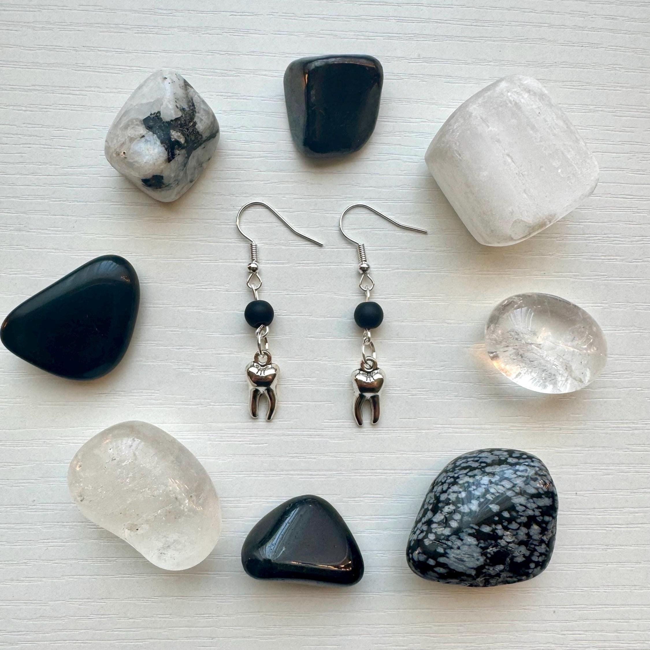 Handmade Reiki Infused Matte Black Onyx Teeth Charm Earrings, Charms, Dangle Earrings, Gifts, 6mm Beads, FREE GIFT With Each Purchase!
