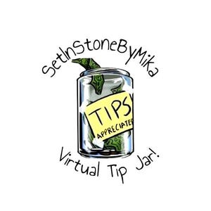 Puede incluir: Una ilustración de dibujos animados de un frasco de vidrio con una nota adhesiva amarilla que dice "TIPS APPRECIATED" y dinero dentro. El frasco está etiquetado como "Set In Stone By Mika Virtual Tip Jar!"
