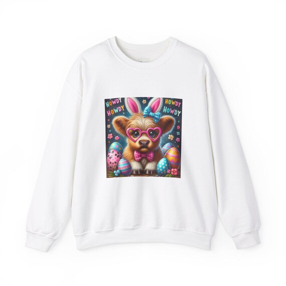 Highland Cow Easter Crewneck Sweatshirt, Cute Bunny Theme, Howdy Howdy Howdy, Pastel Leopard Print, Vibrant Whimsical Apparel, Easter Eggs,