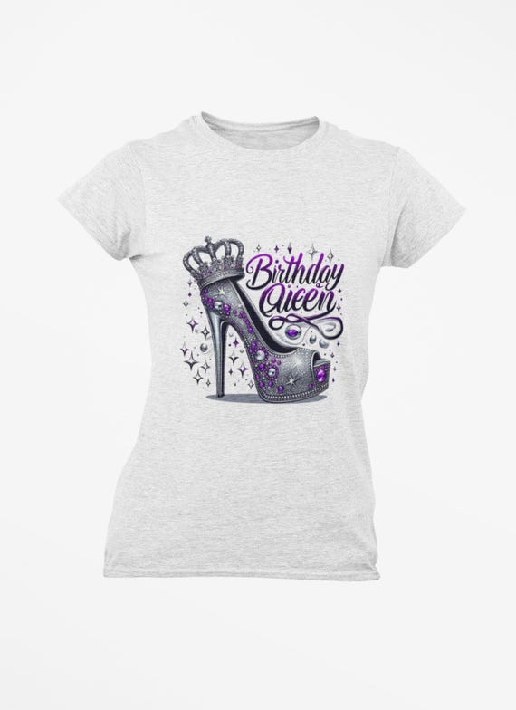 Birthday Queen Women's Tee, Silver & Purple Stones, Elegant Cursive, Softstyle T-Shirt, Celebration Shirt, Royalty Top, Festive Birthday