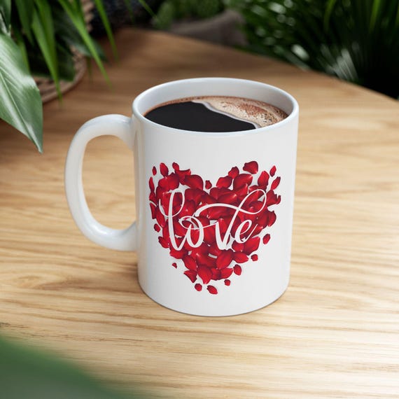 Ceramic Mug, Red Rose Petals Heart Love Coffee Cup, Romantic Valentine's Day Gift, Tea Mug, Gift for Her, Floral Kitchen Decor, Hot Beverage