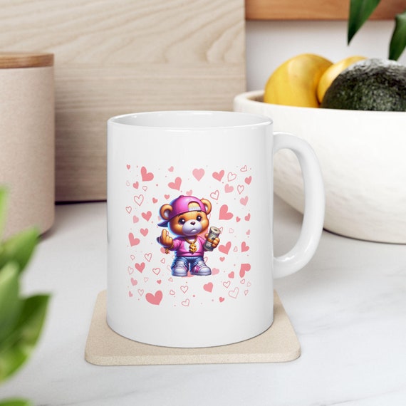 Valentine Pink hearts Teddy Bear humor Ceramic Mug, (11oz, 15oz)