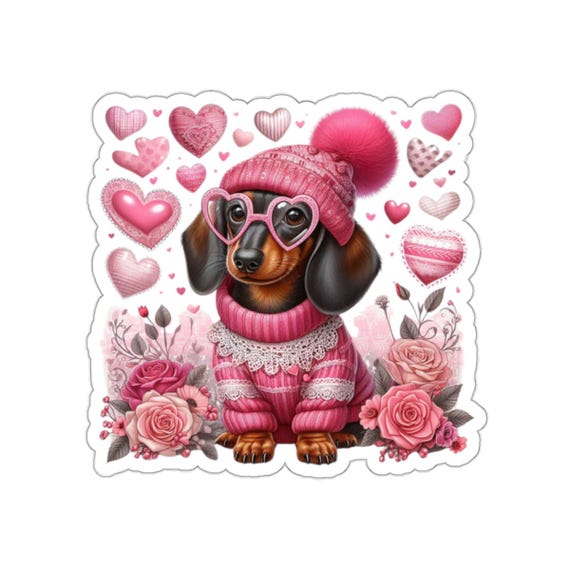 Cute Dog Sticker w/Heart Glasses Pink Hat Pom Sweater,  Hearts & Flowers all around  Dog Lover Gift, Scrapbooking, Journaling, Accessories
