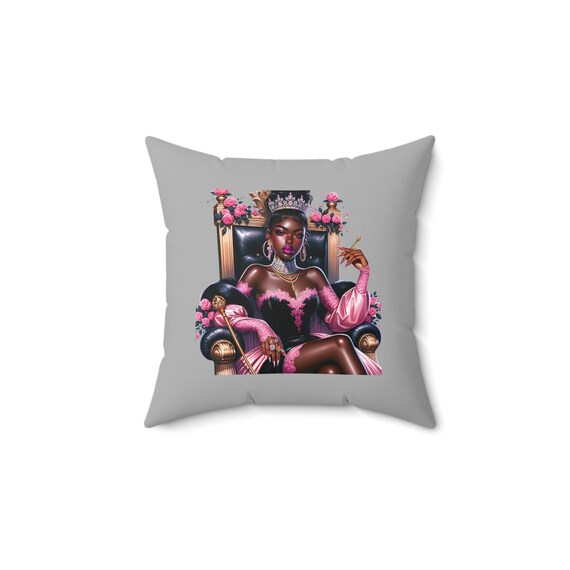 Regal Black Queen Pillow, Decorative Cushion for Home Decor, Gift for Her, Bohemian Style, Empowerment Decor, Feminine Accent