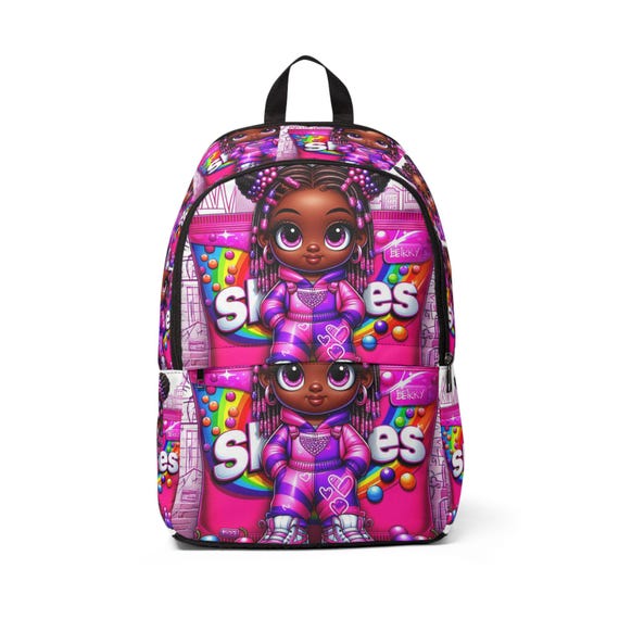 Urban Cartoon Afrocentric Girl Unisex Fabric Backpack, Big Eyed Child City Art Pink Purple Jumpsuit Skittles Bag Design