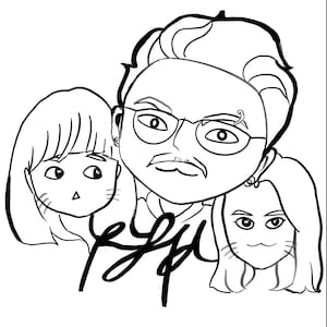 Puede incluir: Dibujo en blanco y negro de tres personas. Un hombre con gafas y bigote está en el centro, con una mujer a cada lado de él. La mujer de la izquierda tiene el pelo corto y la mujer de la derecha tiene el pelo largo.