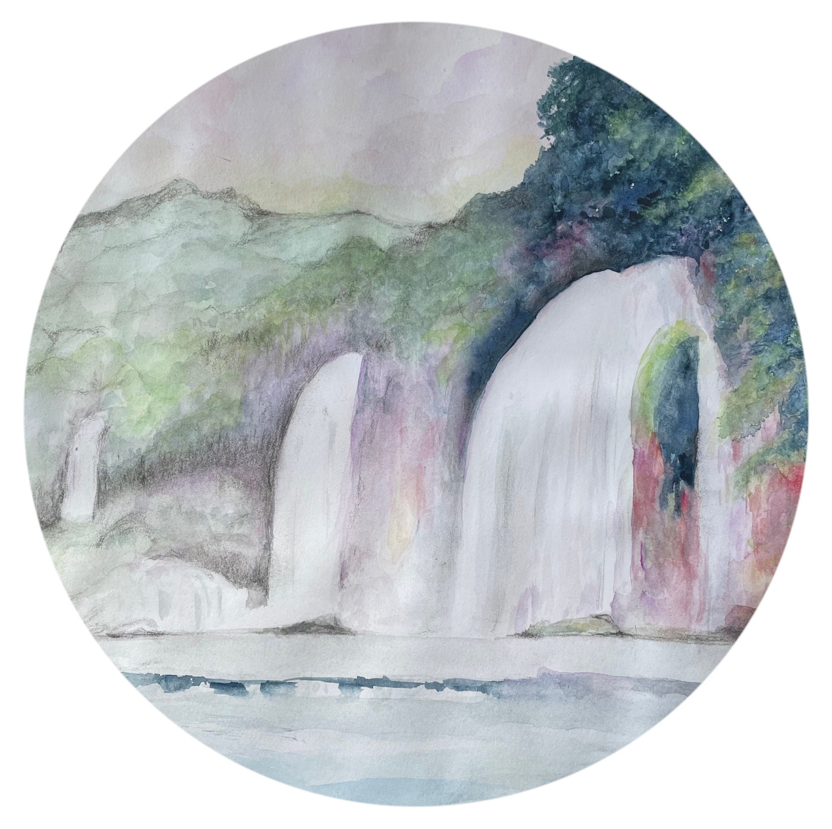 Watercolor Waterfalls and Lake Paintings Large Printed Etsy