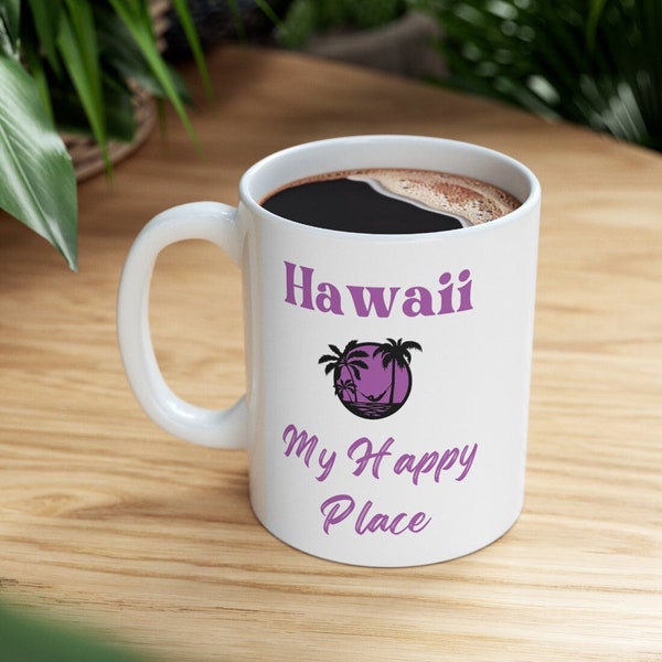 Hawaii - Beach Scene - Hammock - Palm Trees - My Happy Place - Purple - Coffee Mug 11oz - Hawaiian Gift - Aloha Fun - Unique Drinkware Gift