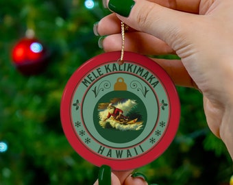 Surfing Santa Ceramic Ornament: Mele Kalikimaka Hawaiian Christmas Decor