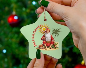 Mele Kalikimaka Ceramic Ornament: Retro Hawaiian Santa Beach Christmas