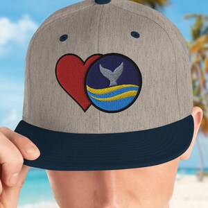 Whale Lovers Embroidered Snapback Dad Hat w/ Whale Tail emblem and Heart, Ocean Lovers Trucker baseball cap for The Nature