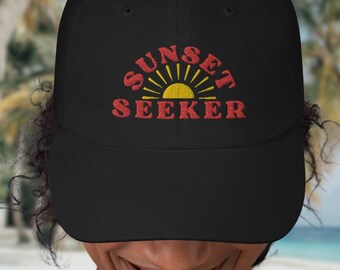 Cappello da papà ricamato Sunset Seeker: berretto da baseball per le vacanze al mare
