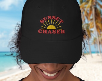 Sunset Chaser Embroidered Dad hat, Beach goers baseball cap, Summer Time Vacation attire for Sundowner Chaser