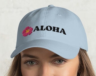 Aloha with Hibiscus Hawaiian Flower Embordered Dad Hat style Cap