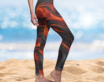 Pele's Fire Yoga Pants, Women's Leggings, Flowing Molten Lava Orange Red & Black Workout Tights for Gym Outdoor Fashion Activewear