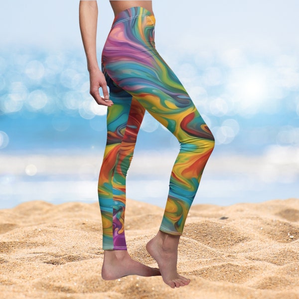 Crazy Colors Yoga Pants, Women's Leggings, Swirling Flowing Colorful Pattern Workout Tights for Gym Fashionable Activewear / Sportswear
