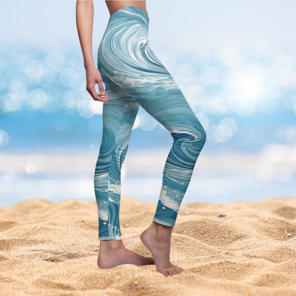 Swirling Ocean Waves, Women's Casual Leggings, Yoga Workout Pants, Exotic Hawaiian Print, Hawaii Workout Wear, Island Fashion Gym Activewear