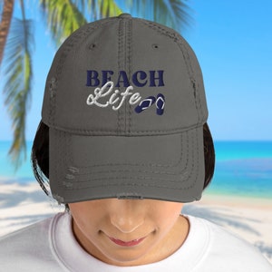 Embroidered Beach Life Dad Hat: Distressed Cotton Baseball Cap