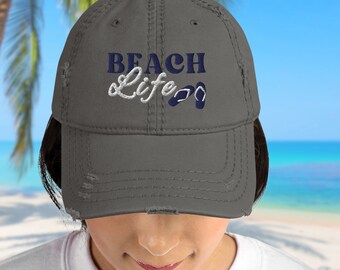 Embroidered Beach Life Dad Hat: Distressed Cotton Baseball Cap