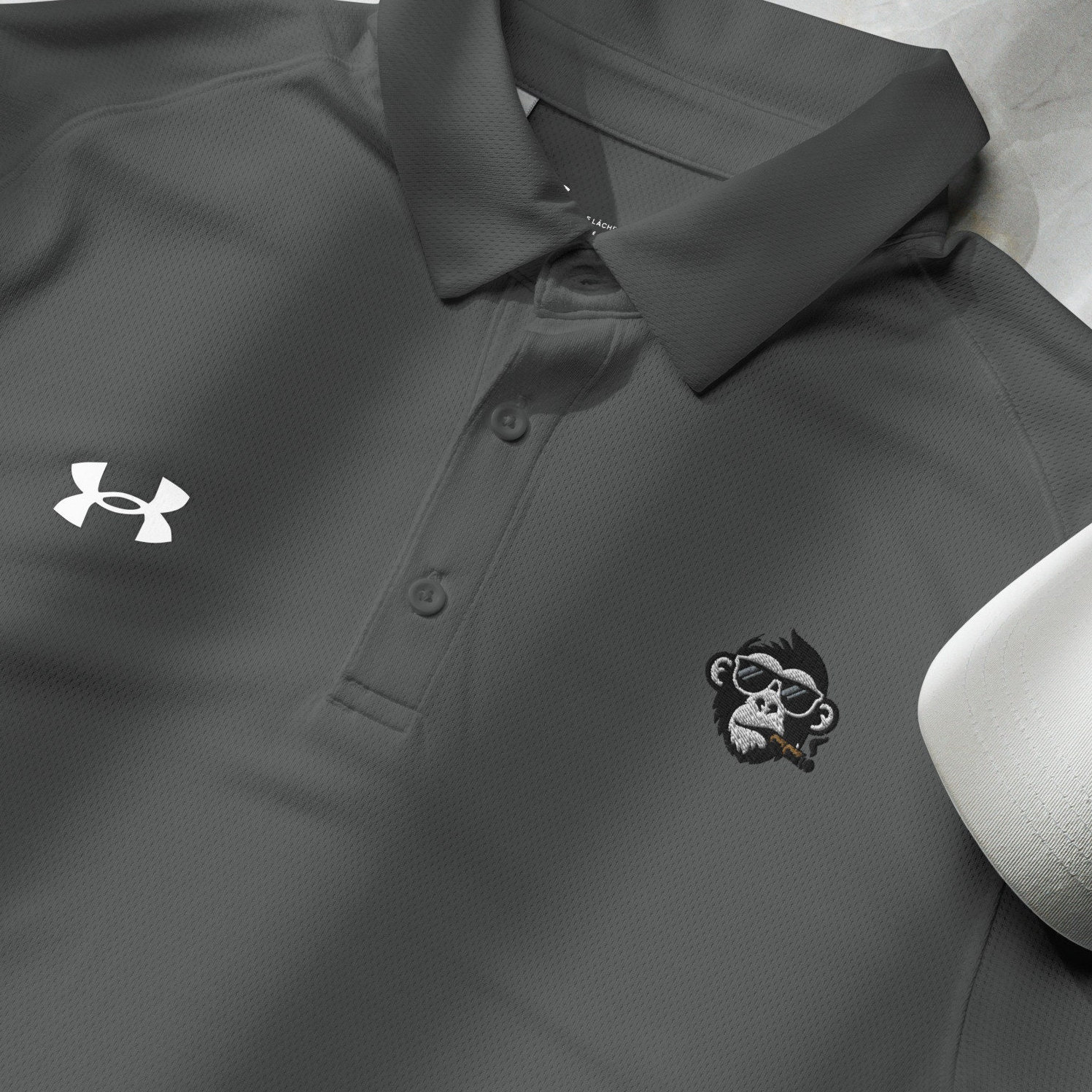 Embroidery of a Cigar Smoking Monkey Under Armour® men's polo Golf Shirt with Sunglasses, Cool Embroidered Ape shirt, Cigar Smoke Chimp