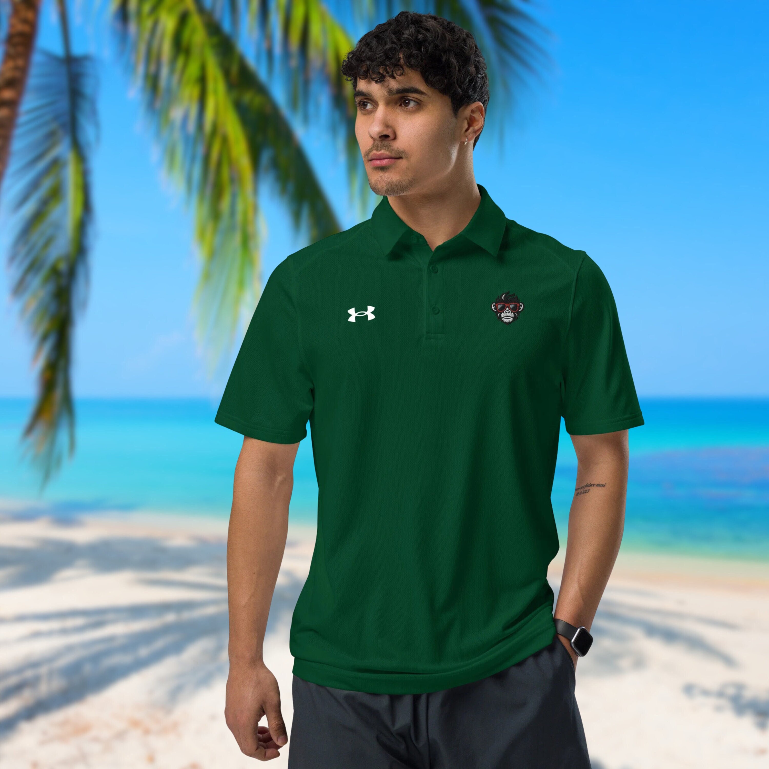 Under Armour® men's polo with Embroidery of a Cool Monkey with Sunglasses