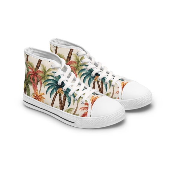 Women's Palm Tree High Top Canvas Shoes: Aloha Hawaii Sneakers