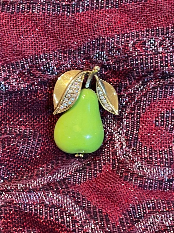 Gold Tone Green Pear Brooch - image 1