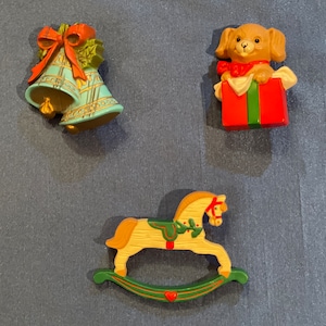 Hallmark Christmas Pins Vintage Holiday Packaged Puppy, Rocking Horse, Blue Bells