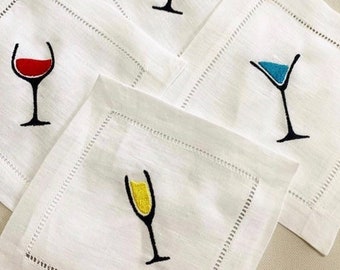 Embroidered Cocktails Linen Napkins, Bar Cart Cocktail Napkins, Wine Embroidered Napkins, Drinks Embroidered Napkins, Embroidered Champagne