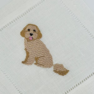 Embroidered Cavapoo Dog Cocktail Linen Napkins, Embroider Puppy Linen Napkin, Dog with Champagne Napkin, Fun Dog with Drink Napkin