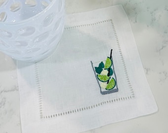 Embroidered Mojito Linen Napkins, Bar Cart Cocktail Napkins, Mojito Embroidered Napkins, Drink Embroidered Napkins, Embroidered Mojito