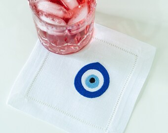 Embroidered Evil Eye Linen Cocktail Napkins, Good Luck Napkin, Greek Evil Eye Decor Cocktail Napkins, Evil Eye Housewarming Gift, Yoga Lover