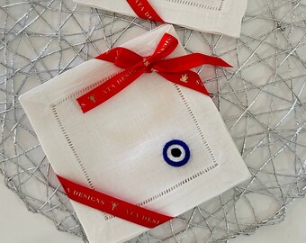 Embroidered Mini Evil Eye Linen Cocktail Napkins, Good Luck Napkin, Greek Evil Eye Decor Cocktail Napkins, Evil Eye Housewarming Gift