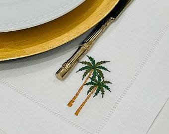 Embroidered Tropical Palm Trees Linen Placemat, Yacht Linen Placemat, Personalized Beach Linen Place Mats, Set of White Linen Placemats
