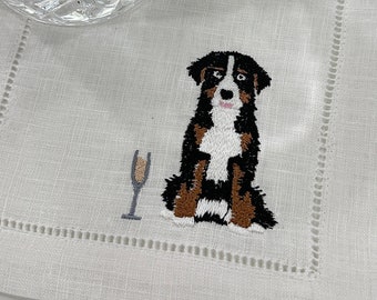 Geborduurde linnen cocktailservetten Berner Sennenhond, linnen servet puppy, servetten Berner Sennenhond, geborduurde handdoek Berner Sennenhond