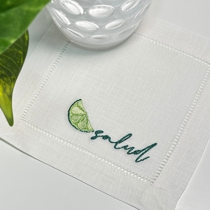 Embroidered Lime Salud Cocktail Linen Napkin, Personalized Cocktail Napkin, Drinks Cocktail Napkin, Lemon Cheers Napkin