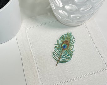 Embroidered Feather Cocktail Linen Napkins, Peacock Feather Linen Napkin, Personalized Cocktail Napkin, Set of White Linen Napkin