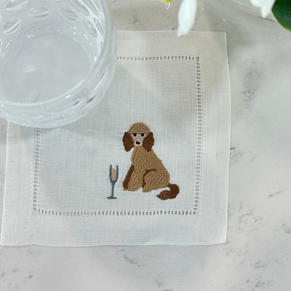 Embroidered Poodle Dog Cocktail Linen Napkins, Embroider Puppy Linen Napkin, Dog with Champagne Napkin, Fun Dog with Drink Napkin