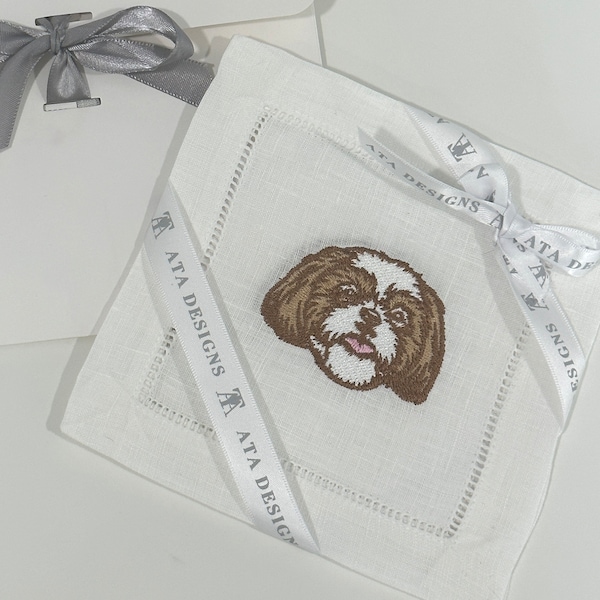 Embroidered Shih Tzu Dog Cocktail Linen Napkins, Embroider Shihtzu Puppy Linen Napkin, Dog with Champagne Napkin, Fun Dog Embroider Napkins