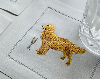 Geborduurde linnen cocktailservetten golden retriever, geborduurd linnen puppyservet, hond met champagneservet, leuke hond met drankservet