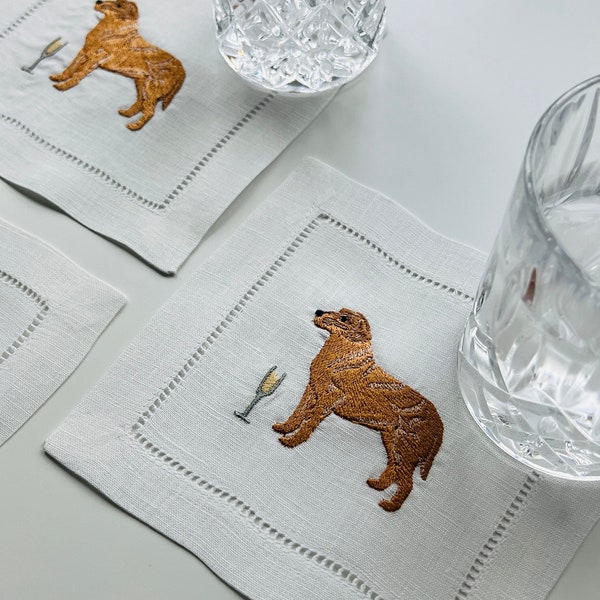 Embroidered Chesapeake Bay Retriever Cocktail Napkins, Embroider Puppy Linen Napkin, Dog with Champagne Napkin, Fun Dog with Drink Napkin