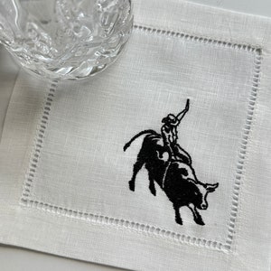 Embroidered Bull Linen Cocktail Napkins, Cowboy Custom Napkins, Embroidered Cowboy Napkins, Rodeo Party Napkins, Bull Riding Embroidery